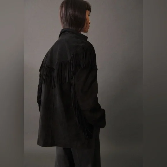 Mango Small Black Fringe Suede Jacket
